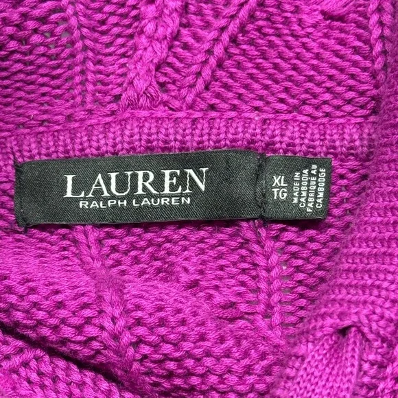 Lauren Ralph Lauren Cable Knit Sweater Hoodie XL Cotton Magenta Classic Chic - Picture 7 of 10